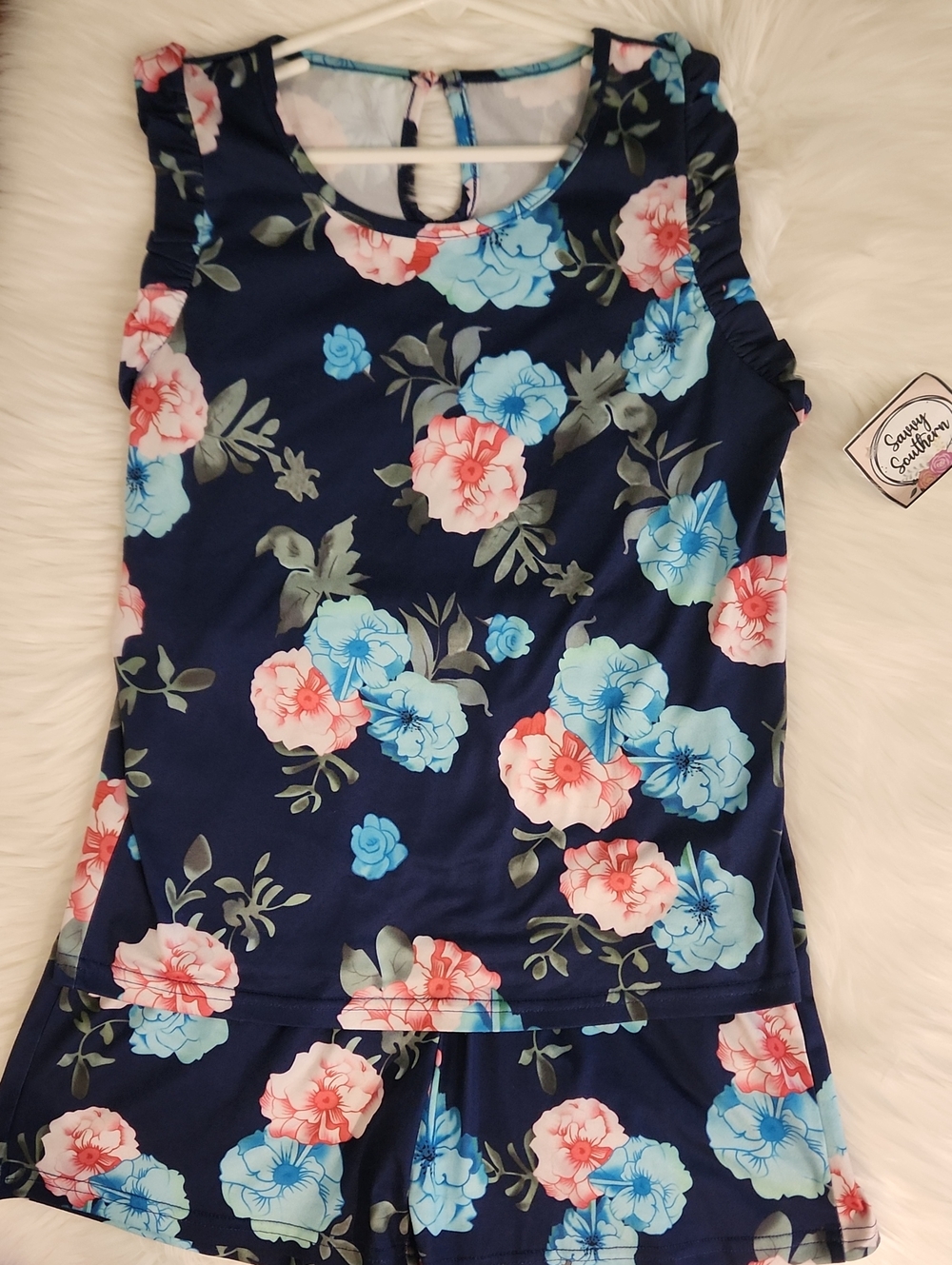 2 Pc Matching Set: Floral Ruffle Top & Shorts - Girls Size: XL 10-11 - Like New!